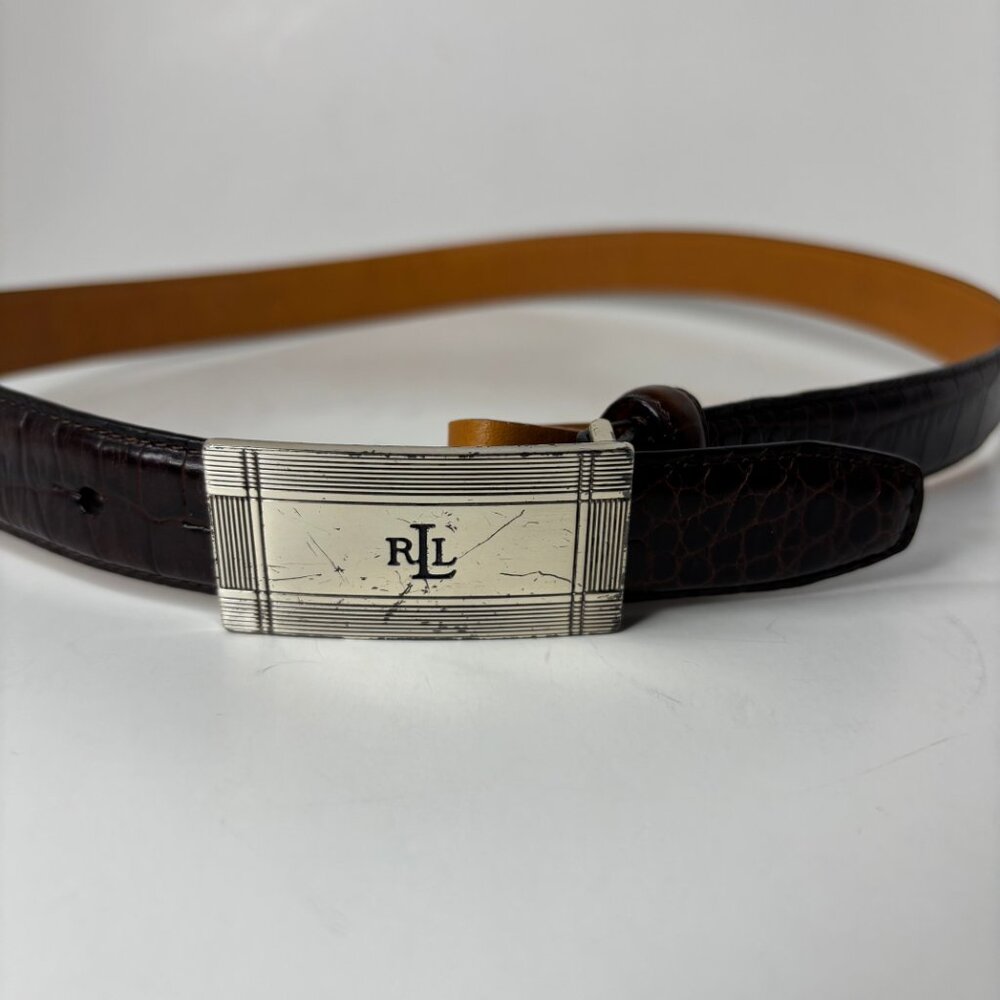 Ralph Lauren Brown Leather Belt Size S Textured Silver-tone Buckle RL Initials - Picture 13 of 13